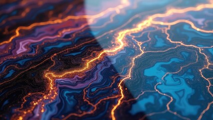 This abstract image features intricate flowing lines and swirls in shades of blue, purple, and orange, resembling glowing energy pathways or geological formations.