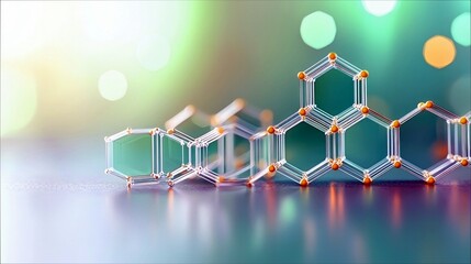 A detailed, three-dimensional molecular model composed of interconnected hexagonal rings and small orange spheres, suggesting scientific research or chemical co