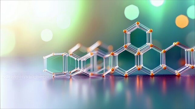 A detailed, three-dimensional molecular model composed of interconnected hexagonal rings and small orange spheres, suggesting scientific research or chemical co