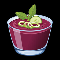 Minimalist View of Rich Purple Cold Fruit Soup Garnished with Fresh Mint Leaves and a Thin Swirl of Cream - Vector Illustration © powdesign