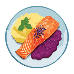 Gourmet salmon fillet presentation on a creamy mashed base of purple vegetables, highlighted with fresh herbs and a drizzle of oil - Vector Illustration