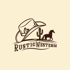 Charming rustic western logo design with cowboy hat, horse, and cactus for branding or apparel