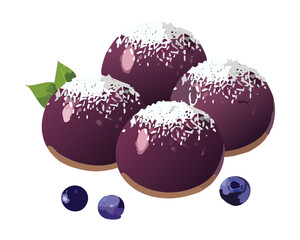 Dark purple chocolate truffles coated with shredded coconut flakes, representing a sweet blueberry or grape flavor - Vector Illustration