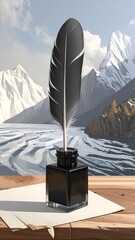 Quill and inkwell on a table, mountains in the background