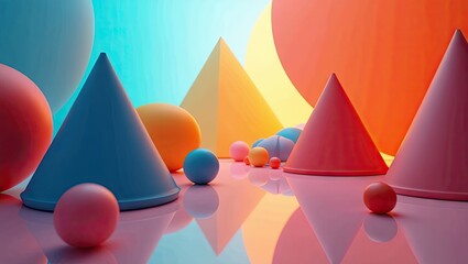 Colorful abstract composition featuring various geometric shapes like cones, spheres, and pyramids, showcasing a vibrant and eye-catching scene with contrasting colors and a glossy surface reflecting