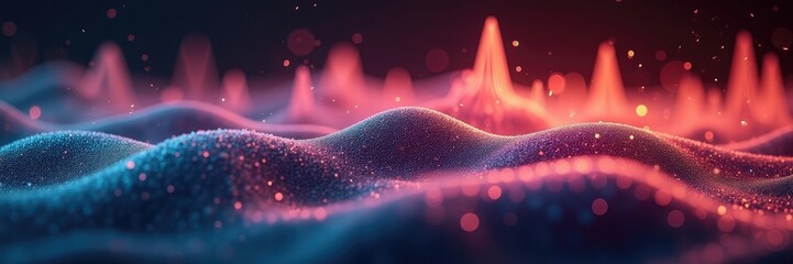 Abstract and artistic illustration showcasing a mesmerizing landscape of fluid, undulating waves in a gradient of blue and red hues, adorned with sparkling particles and soft bokeh, creating an...