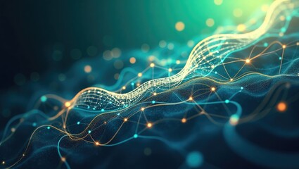Digital abstract illustration features flowing lines with interconnected dots, suggesting a complex network and modern technology with a focus on data and connections in blue and yellow colors.