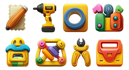 Fototapeta premium Colorful Toy Tools and Craft Supplies Icons on Transparent Background for Kids