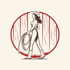 Confident cowgirl with lasso ready for rodeo, western lifestyle illustration, perfect for branding