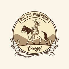 Wild west cowgirl riding horse in desert landscape for vintage themed graphic design projects
