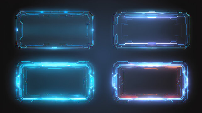 Light frame liquid glass, glass panel set for mobile and web app, tech board frame in futuristic style. HUD element interface, vector illustration. Light glass banner collection with glow effect. 