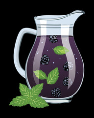 Clear Glass Pitcher filled with a Refreshing Blackberry and Mint Infused Drink, ready to be poured for a Delicious and Healthy Beverage - Vector Illustration