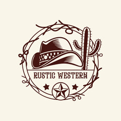 Authentic rustic western logo with cowboy hat and cactus brings vintage charm for your brand identity