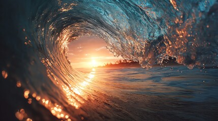 Obraz premium A stunning sunset captured through the crest of a wave in vibrant colors.