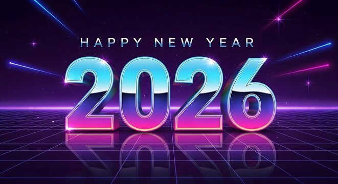 2026 Glowing digital numerals Text with Digital and Futuristic Elements on Dark Technology