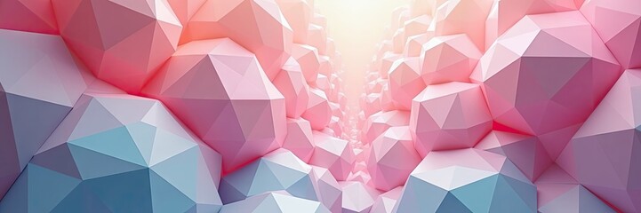 Abstract geometric landscape features a tunnel-like perspective, showcasing three-dimensional shapes in soft pastel hues.