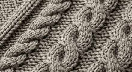 Detailed close-up of a cozy hand-knitted wool cable knit fabric, perfect for adding a warm, textured feel to winter fashion designs or creating inviting backgrounds