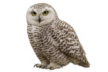 Snowy owl looking forward, presenting white plumage with brown markings, standing on transparent background