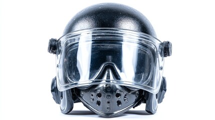 A detailed view of a black tactical helmet with mask designed for protective purposes.
