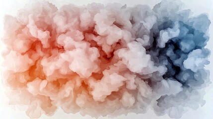 A dynamic abstract image features swirling masses of smoke or clouds, transitioning from a warm red on the left to a cool blue on the right, set against a clean