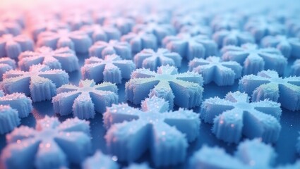 Obraz premium Intricate, icy snowflakes are arranged densely, showcasing a shallow depth of field. The image presents a cool, wintery ambiance, with a soft, blurred background.