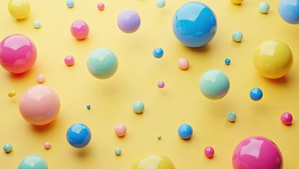 A vibrant composition displays numerous glossy spheres in varied sizes and bright colors, floating seemingly weightless against a radiant yellow backdrop, creating a playful and dynamic visual.