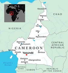 Political map of Cameroon showing major cities, borders, and its location in Central Africa