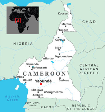 Political map of Cameroon showing major cities, borders, and its location in Central Africa
