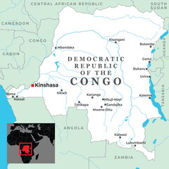 Obraz premium Detailed political map of the Democratic Republic of the Congo featuring major cities, borders, and regional geography in Central Africa