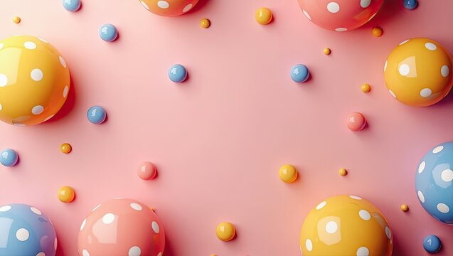 An overhead view depicts a delicate, pastel pink backdrop scattered with an array of colorful spheres, each adorned with white polka dots, creating a playful and cheerful visual theme with an...