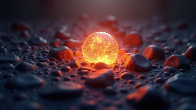 Glowing orb surrounded by dark, textured stones and droplets exhibits a dramatic contrast with orange and blue hues, creating a surreal, high-angle composition.