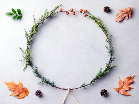 A circular wreath made of evergreen branches, pinecones, autumn leaves, and red berries arranged on a light gray surface.