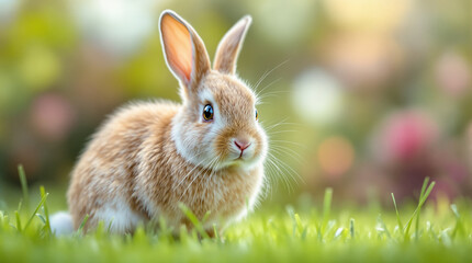 A curious little bunny gazes out from a lush green meadow a warm day of spring unfolds around it