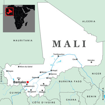 Political map of Mali showing major cities, borders, rivers, and its location in West Africa