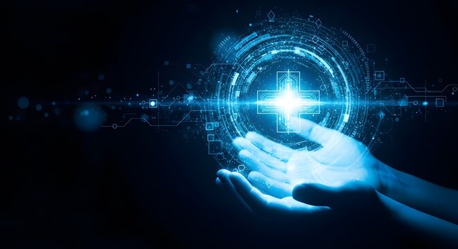 Hands holding glowing digital orb in dark space