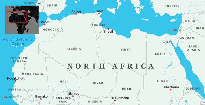 Political map of North Africa showing major cities, borders, and its location within the African continent