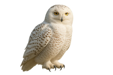 Fototapeta premium Snowy owl looking directly, a majestic bird of prey with bright yellow eyes and white plumage on transparent background
