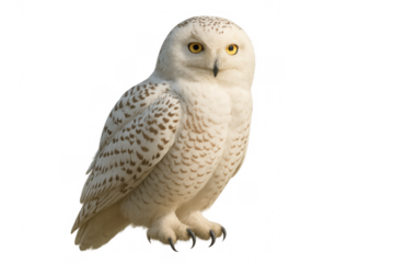 Snowy owl looking directly, a majestic bird of prey with bright yellow eyes and white plumage on transparent background