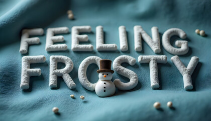Feeling Frosty text with cute snowman on blue fabric background