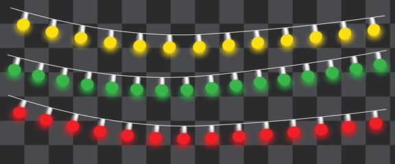 Colorful Decorative-String Lights Yellow,Green,-and Red Glowing Bulbs on Transparent Background