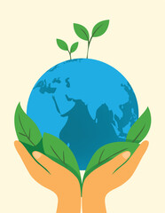 Hands holding a globe with leaves and recycling symbols, promoting environmental care and sustainability