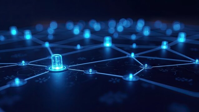 Illuminated blue network nodes are connected with glowing lines, forming a visually appealing and intricate digital structure, against a dark background, with a shallow depth of field for a modern...