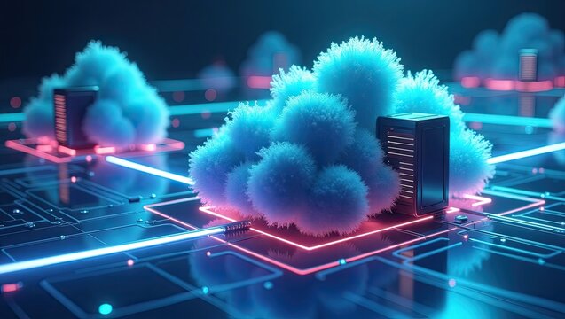 Futuristic digital representation showcasing abstract cloud-like forms interconnected with glowing neon lines and server-like structures on an intricate circuit board, evoking a sense of...