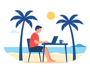 A person working on a laptop at a beach desk with palm trees and ocean view, symbolising remote work freedom