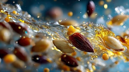 Almonds are captured mid-air, splashing through clear and golden liquid, creating dynamic droplets and a sense of motion.