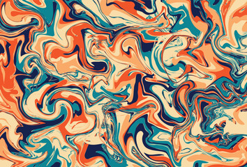Vibrant abstract marble pattern with swirling orange, teal, navy, and cream colors creating a dynamic fluid texture.