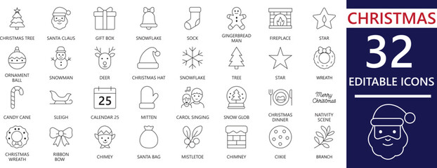 Minimal line &ldquo;Christmas Icon Set&rdquo; with festive symbols including tree, gift, bell, snowflake, ornament, Santa elements for holiday design projects.
