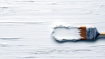 A paintbrush with white paint is dragged across a textured surface, leaving thick horizontal brushstrokes.
