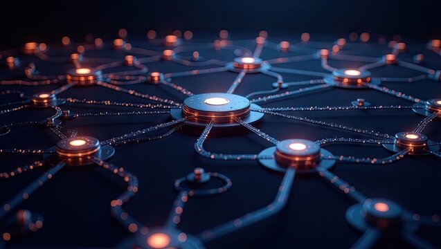 Complex network connections illuminate a futuristic digital landscape with glowing nodes, intricate pathways, and a dark, high-tech environment, depicting data flow and interconnectedness in a...