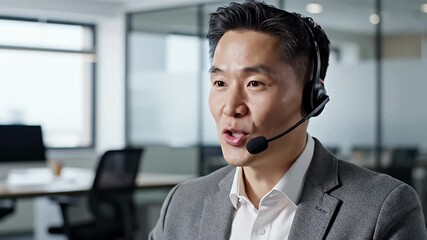 Professional Asian man in headset having a video conference call providing customer support or online consultation from a modern office environment - Powered by Adobe